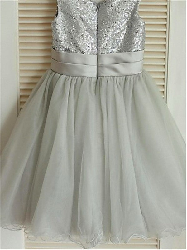 Tea-Length Tulle Sequin Sleeveless Scoop A-line/Princess Flower Girl Dresses