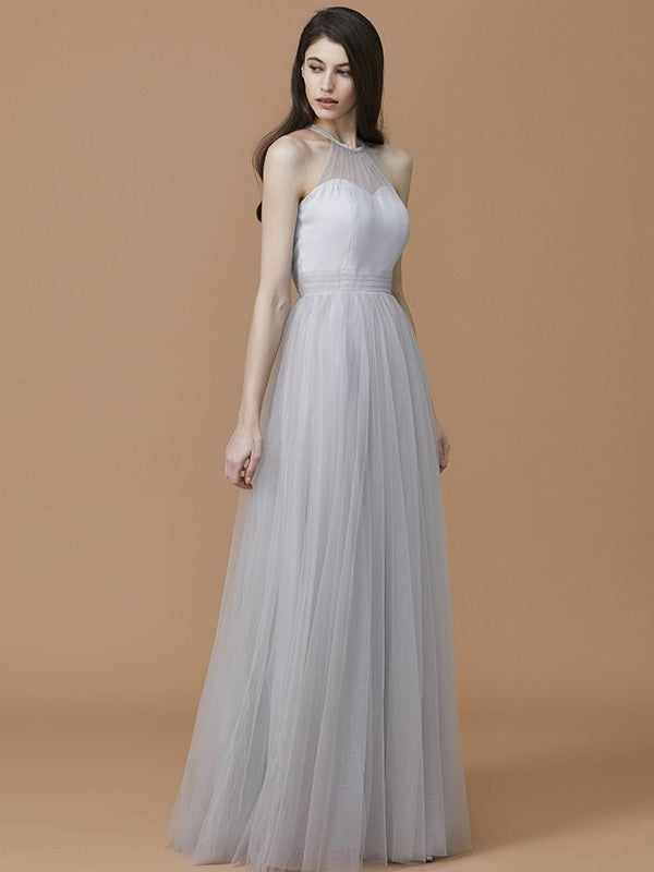 Halter Sleeveless Ruffles Floor-Length A-Line/Princess Tulle Bridesmaid Dresses