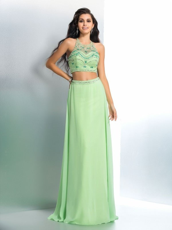 Chiffon A-Line/Princess Beading Halter Long Sleeveless Two Piece Dresses