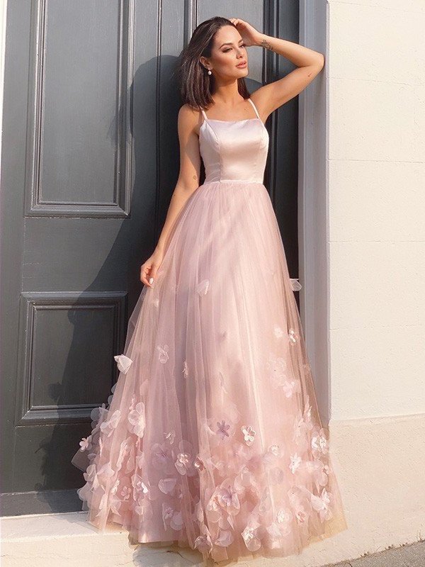 Flower A-Line/Princess Hand-Made Straps Tulle Floor-Length Sleeveless Dresses