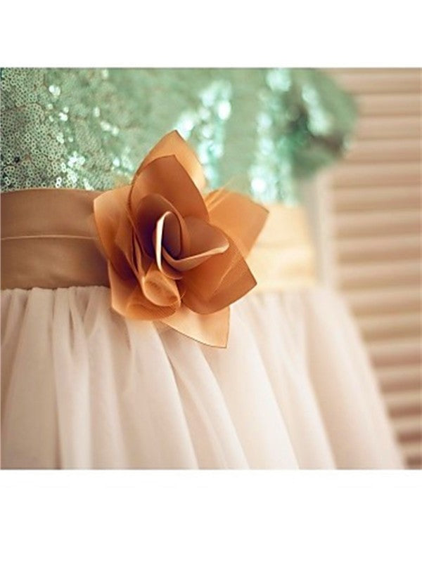 Sequin Short Tulle Tea-Length A-line/Princess Sleeves Scoop Flower Girl Dresses