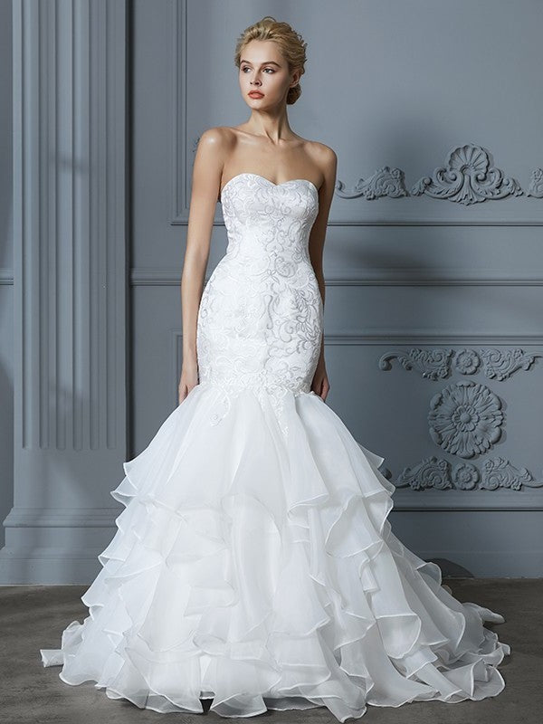 Sleeveless Sweetheart Trumpet/Mermaid Train Sweep/Brush Ruffles Organza Wedding Dresses