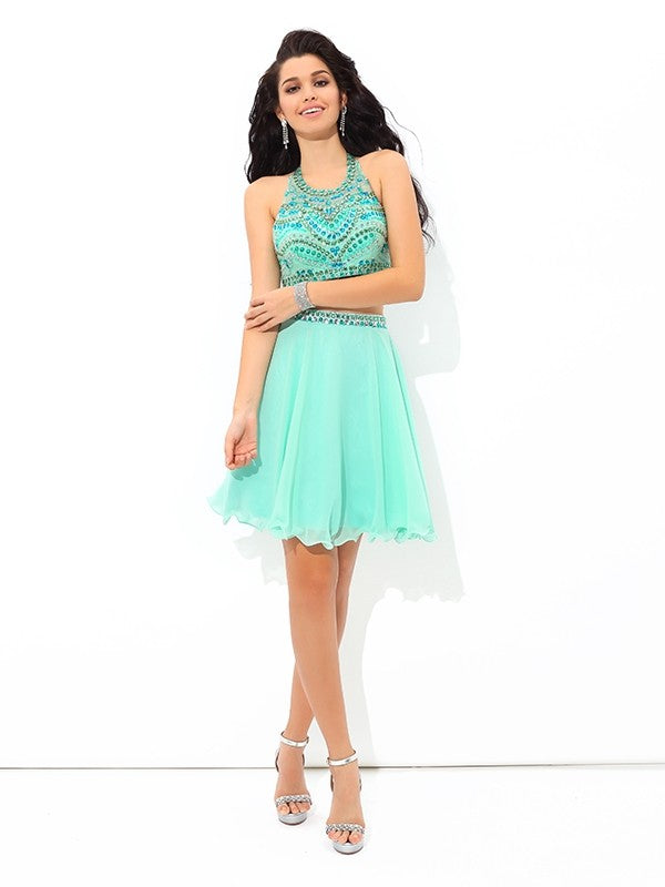 A-Line/Princess Sheer Kinley Neck Rhinestone Sleeveless Short Chiffon Homecoming Dresses Two Piece Dresses