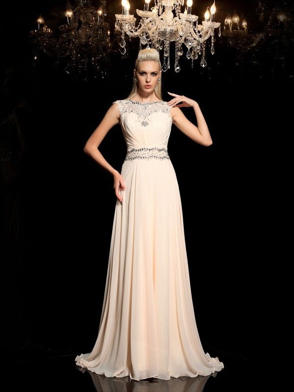 A-Line/Princess Beading Neck Sheer Sleeveless Long Chiffon Dresses