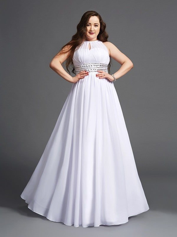 Long Chiffon Sleeveless A-Line/Princess Jewel Beading Plus Size Dresses