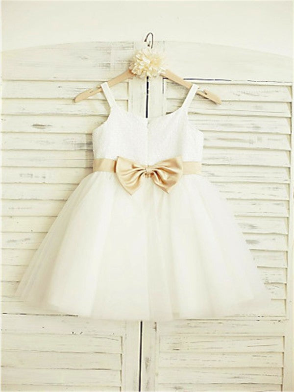 A-line/Princess Sleeveless Bowknot Tulle Knee-Length Spaghetti Straps Flower Girl Dresses