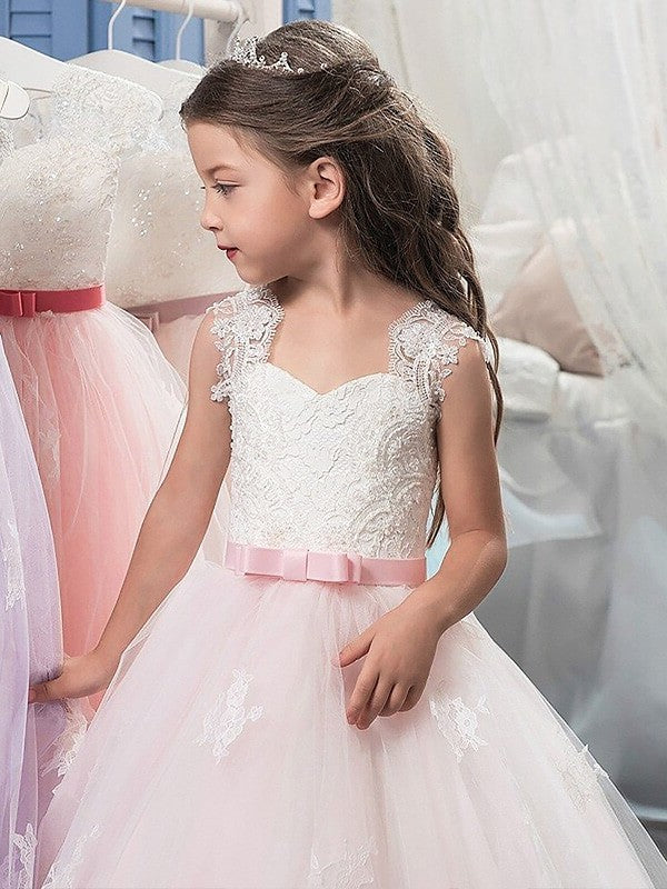 Sleeveless Floor-Length Tulle Gown Ball Bowknot Sweetheart Flower Girl Dresses