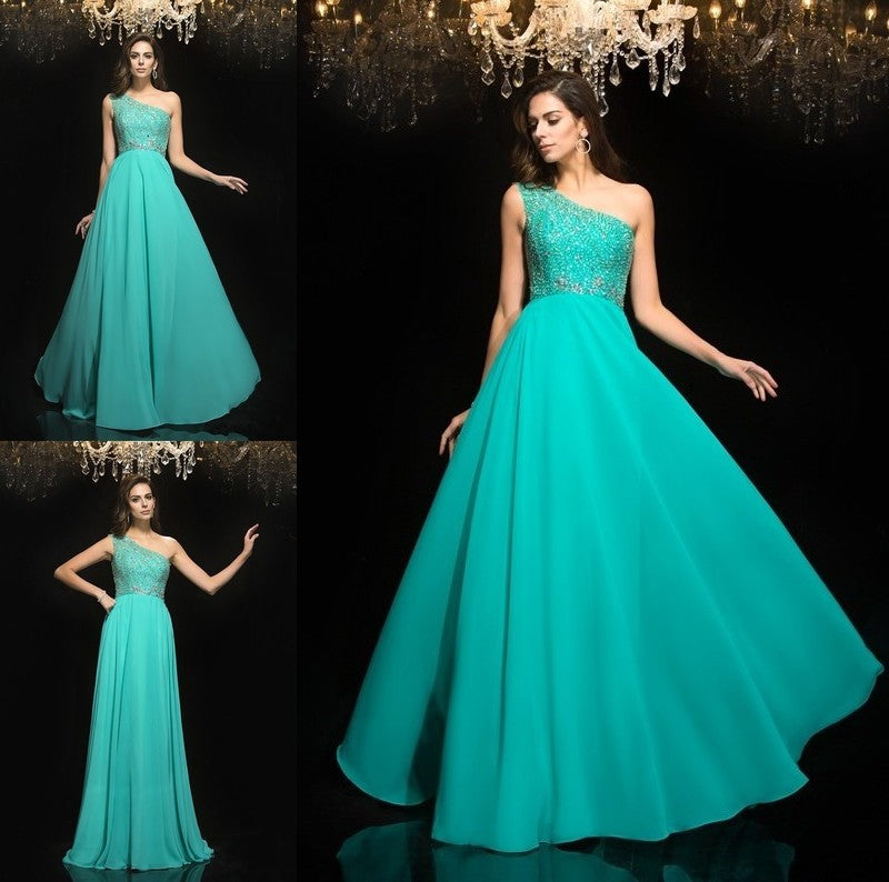 Beading A-Line/Princess One-Shoulder Sleeveless Long Chiffon Dresses