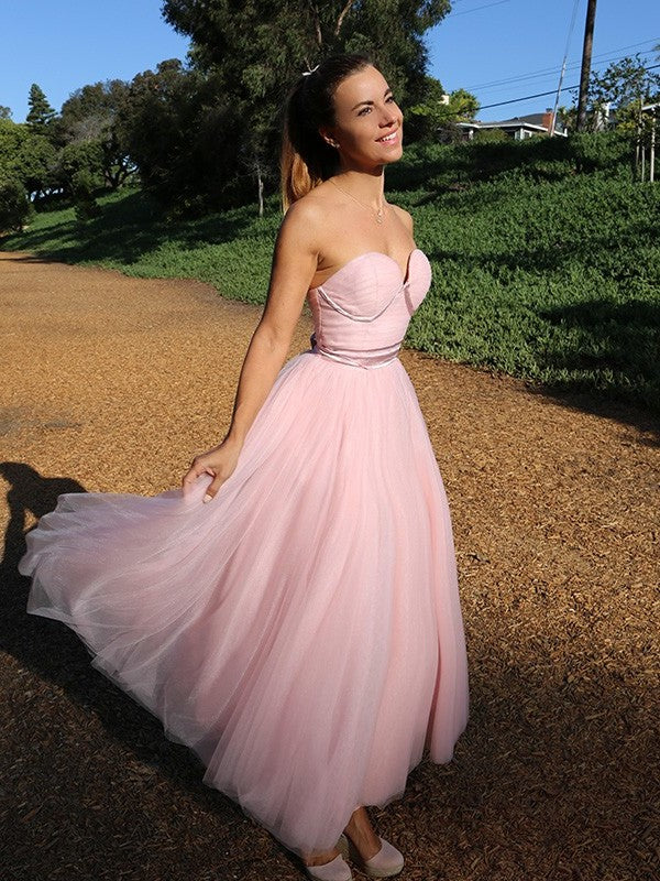 A-Line/Princess Sleeveless Sweetheart Tulle Sash/Ribbon/Belt Tea-Length Dresses