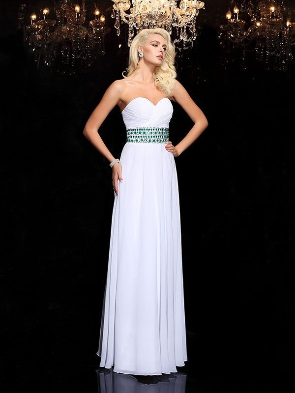 A-line/Princess Sleeveless Rhinestone Sweetheart Long Chiffon Dresses