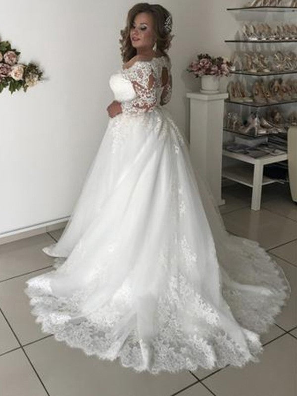 Train Sweep/Brush Sleeves Long Lace A-Line/Princess Off-the-Shoulder Tulle Wedding Dresses