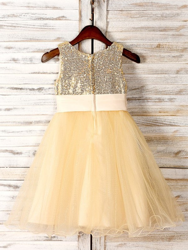 Tea-Length Sleeveless Hand-Made Scoop Tulle A-Line/Princess Flower Flower Girl Dresses