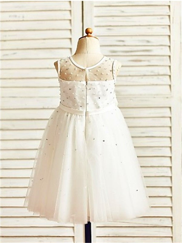 Scoop Hand-made Tulle A-line/Princess Tea-Length Flower Sleeveless Flower Girl Dresses