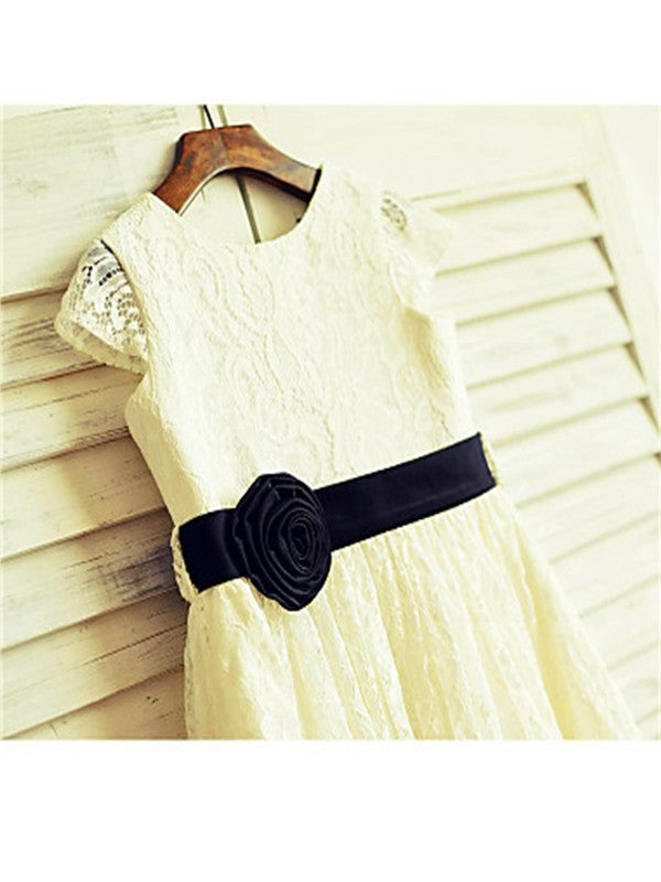 Tea-Length Flower Hand-made Short Sleeves Lace Scoop A-line/Princess Flower Girl Dresses