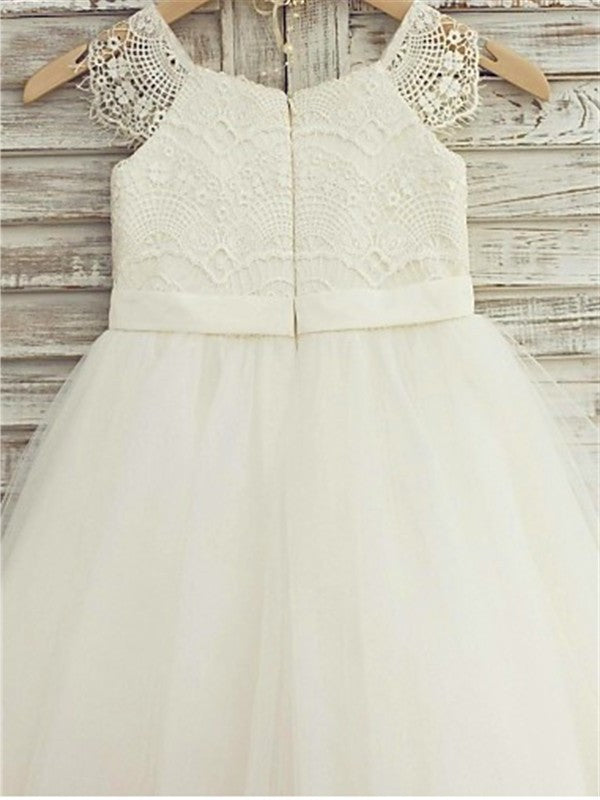 A-line/Princess Knee-Length Sleeveless Lace Scoop Tulle Flower Girl Dresses