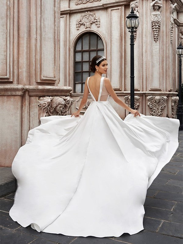 Sweep/Brush Ruffles Sleeveless A-Line/Princess Satin Scoop Train Wedding Dresses