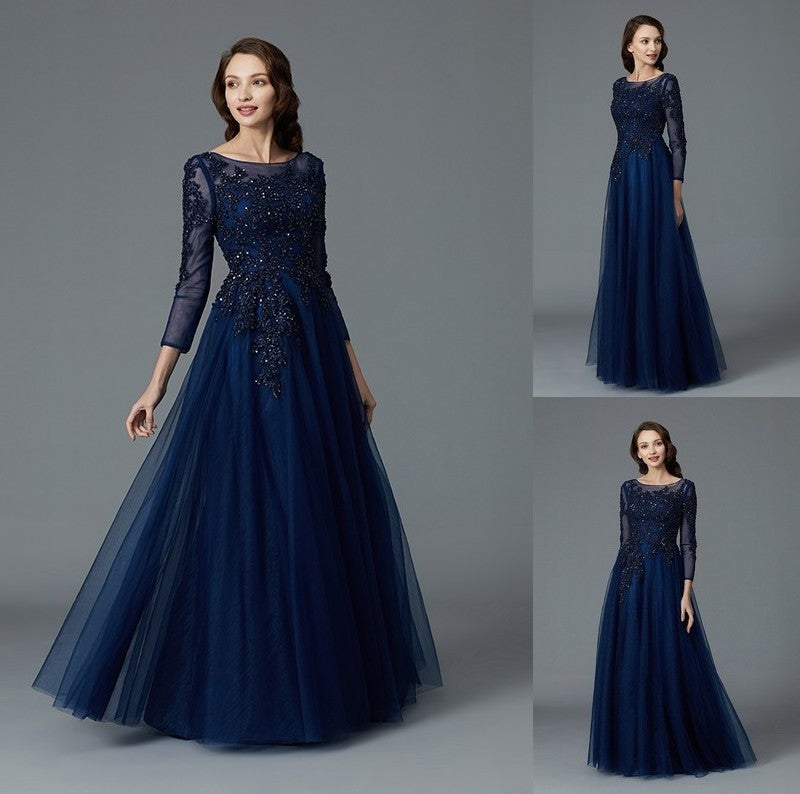 Tulle Beading Sleeves of Long Floor-Length A-Line/Princess Mother Scoop the Bride Dresses