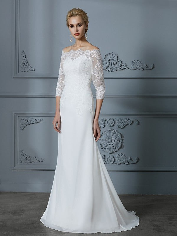 Sweep/Brush Sleeves Off-the-Shoulder 1/2 Train Trumpet/Mermaid Chiffon Wedding Dresses