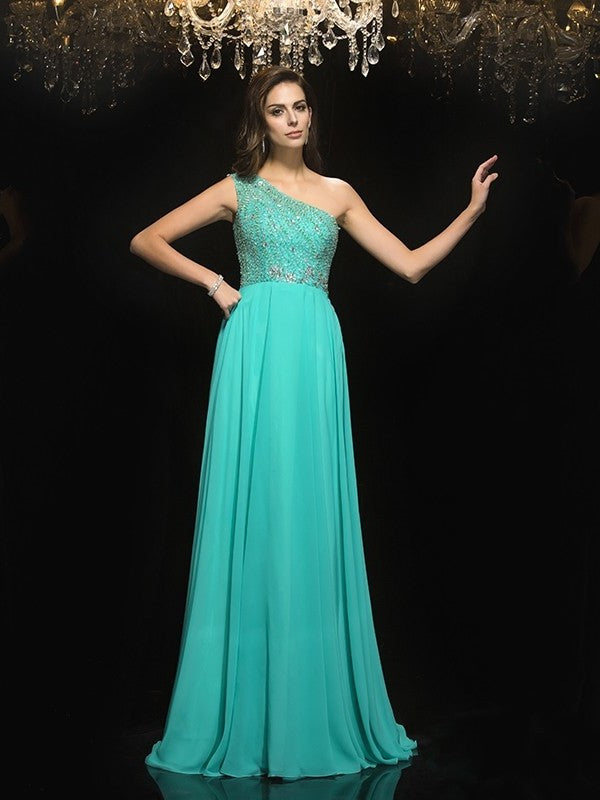 Beading A-Line/Princess One-Shoulder Sleeveless Long Chiffon Dresses