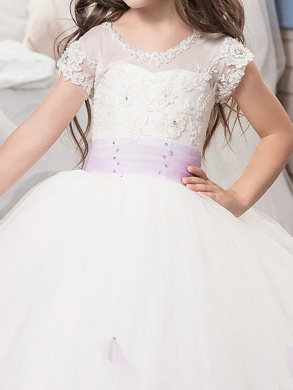 Jewel Sleeves Gown Tulle Floor-Length Short Sash/Ribbon/Belt Ball Flower Girl Dresses