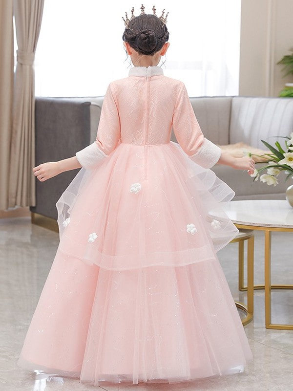 3/4 Sleeves Neck High Flower Hand-Made A-Line/Princess Tulle Floor-Length Flower Girl Dresses