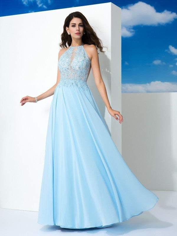 Spaghetti Sleeveless Applique A-Line/Princess Straps Long Chiffon Dresses