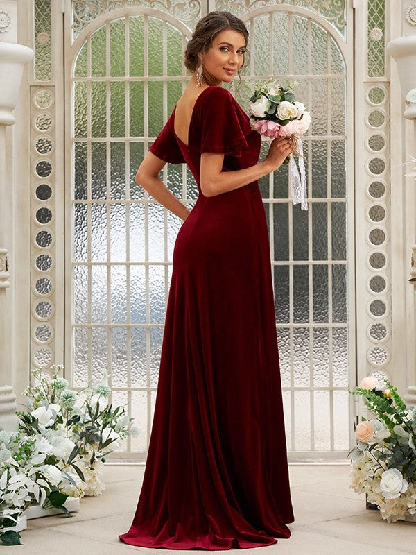 Sweep/Brush Velvet Ruched Sleeves A-Line/Princess V-neck Short Train Bridesmaid Dresses