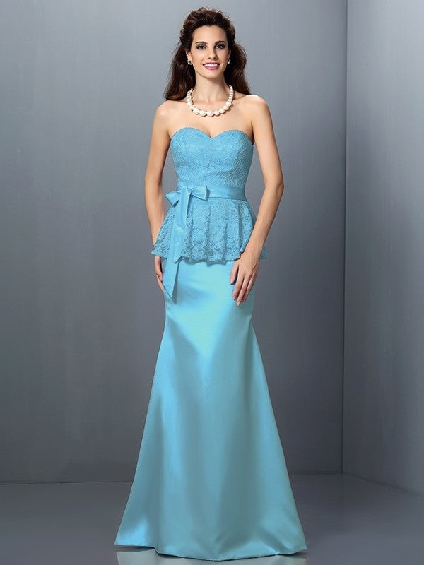 Trumpet/Mermaid Lace Sweetheart Sleeveless Long Satin Bridesmaid Dresses