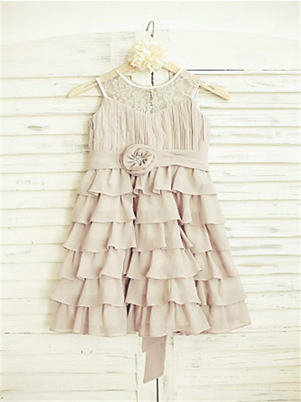 Ruffles Chiffon Scoop A-line/Princess Sleeveless Tea-Length Flower Girl Dresses