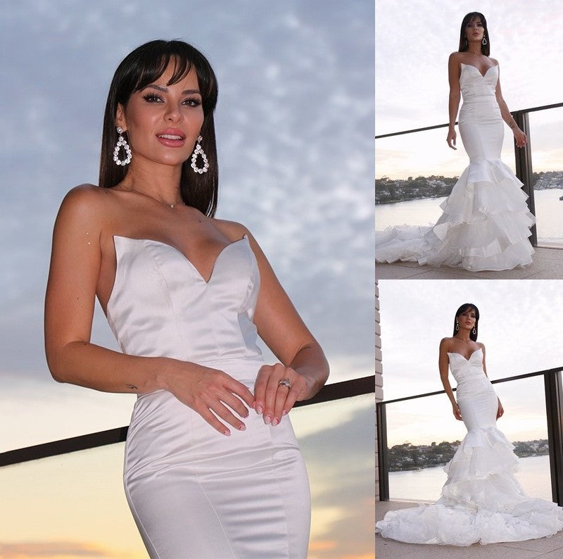 Trumpet/Mermaid Sweetheart Satin Sleeveless Sweep/Brush Layers Train Wedding Dresses