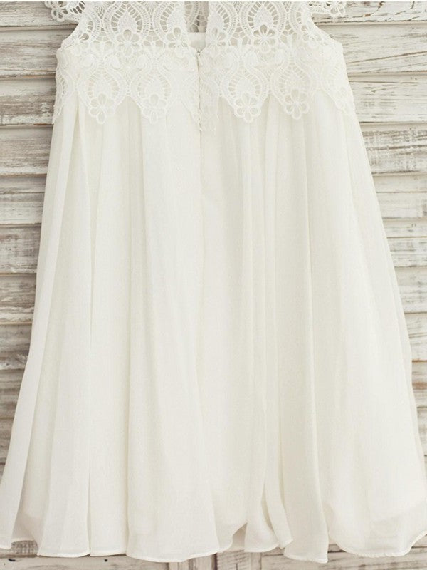 A-Line/Princess Scoop Short Lace Knee-Length Chiffon Sleeves Flower Girl Dresses