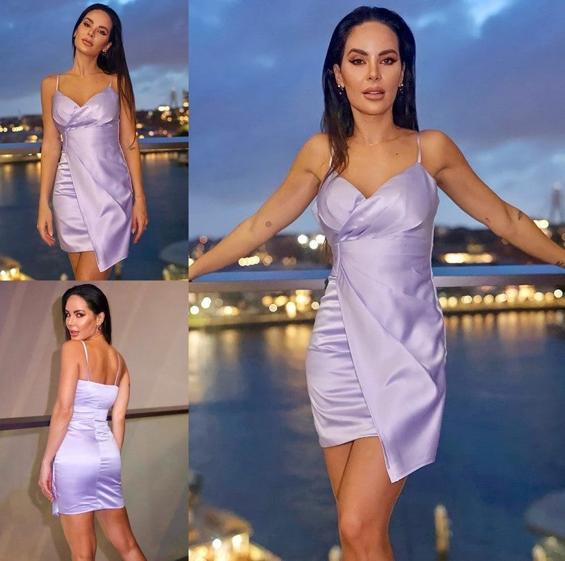 V-neck Silk Ruched Satin Sheath/Column like Sleeveless Short/Mini Dresses