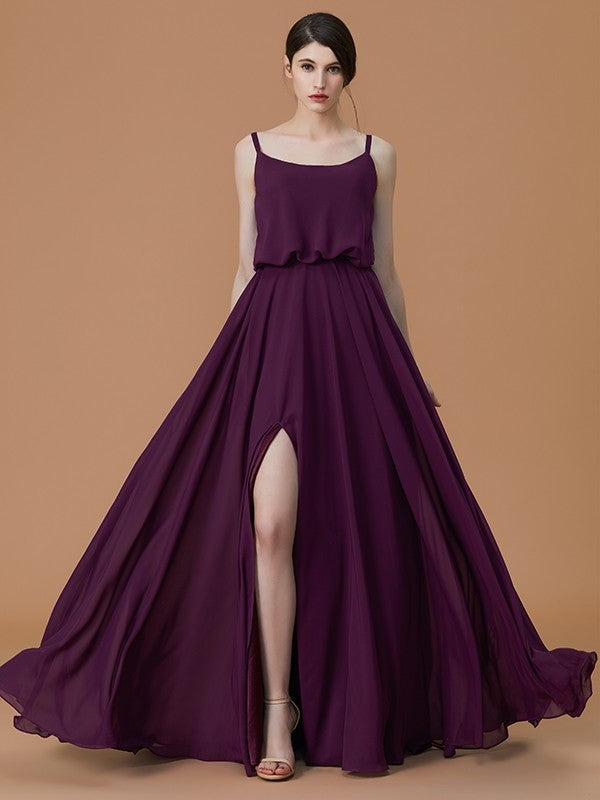 Spaghetti Ruffles Straps Sleeveless A-Line/Princess Floor-Length Chiffon Bridesmaid Dresses