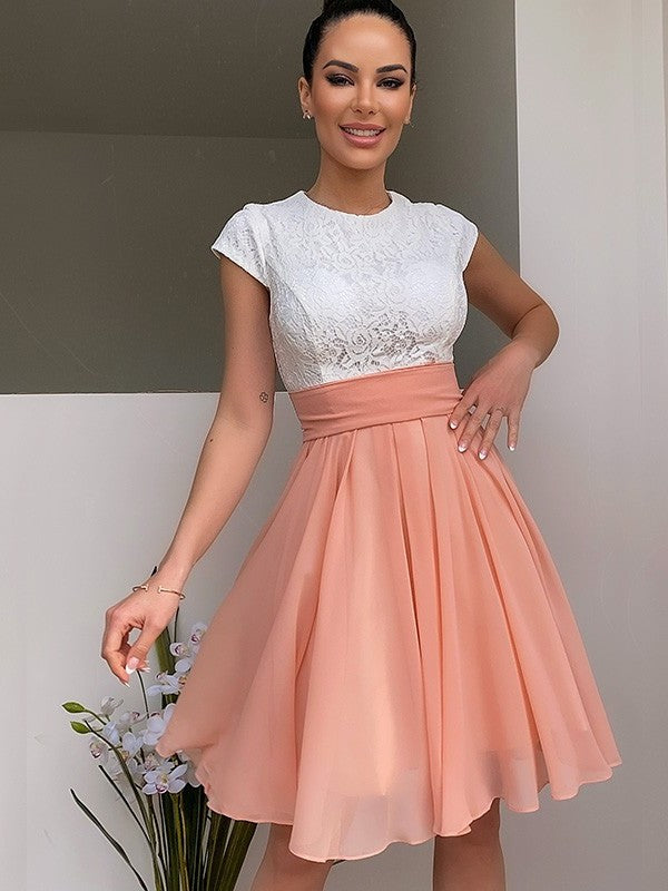 Sleeveless A-Line/Princess Short/Mini Lace Jewel Chiffon Homecoming Dresses