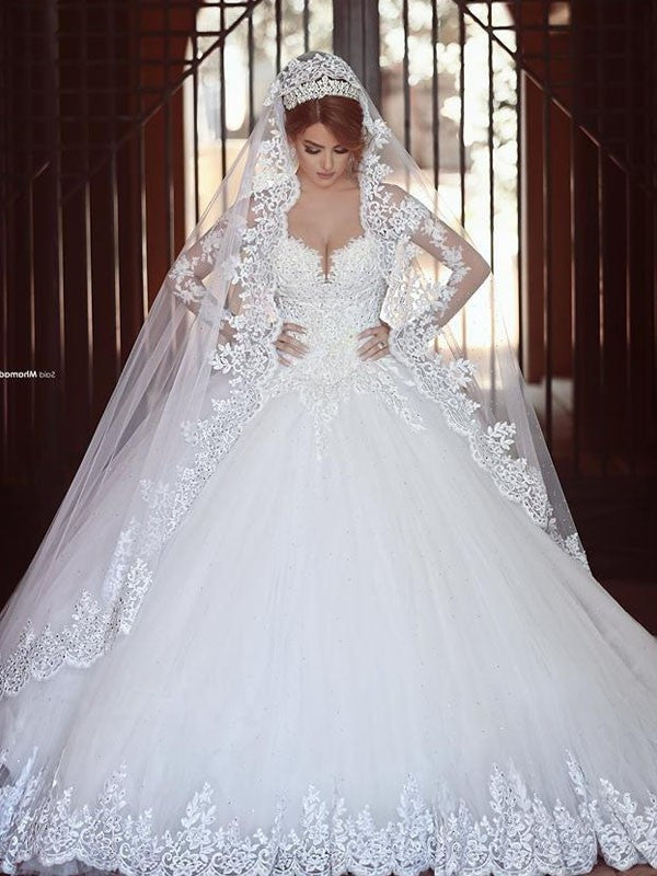 Tulle Sleeves Long Off-the-Shoulder Gown Court Ball Train Wedding Dresses