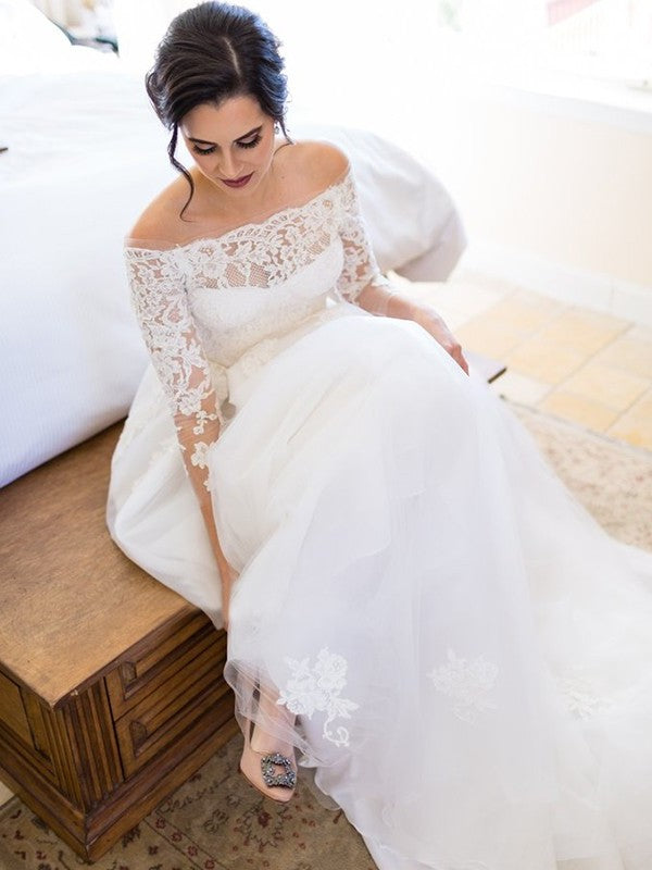 Sleeves Tulle A-Line/Princess Sweep/Brush Lace Long Off-the-Shoulder Train Wedding Dresses