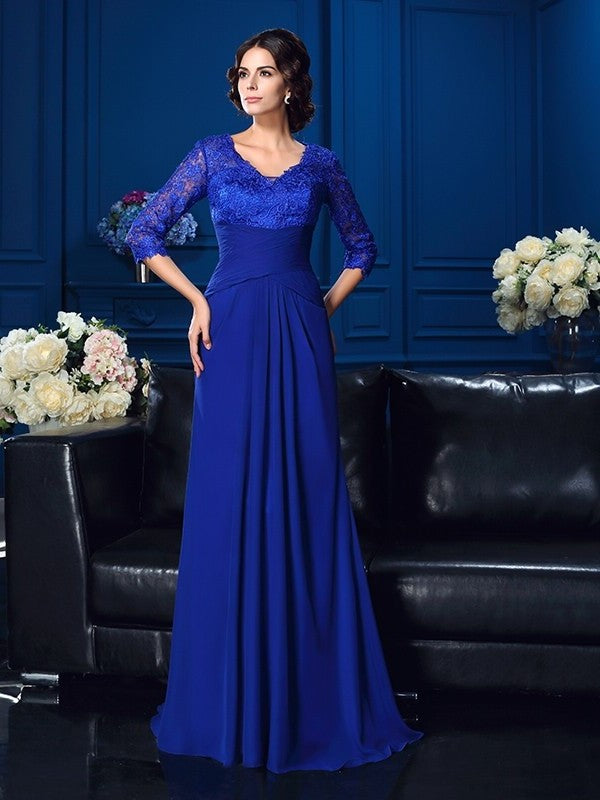 V-neck Sleeves Long Applique Chiffon A-Line/Princess of Mother 3/4 the Bride Dresses