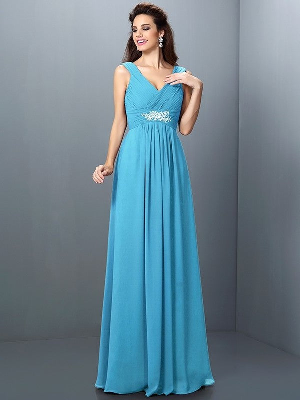 Long Beading A-Line/Princess Sleeveless Pleats V-neck Chiffon Bridesmaid Dresses