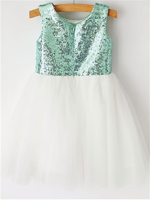 Tea-Length Sequin Scoop Sleeveless A-line/Princess Tulle Flower Girl Dresses