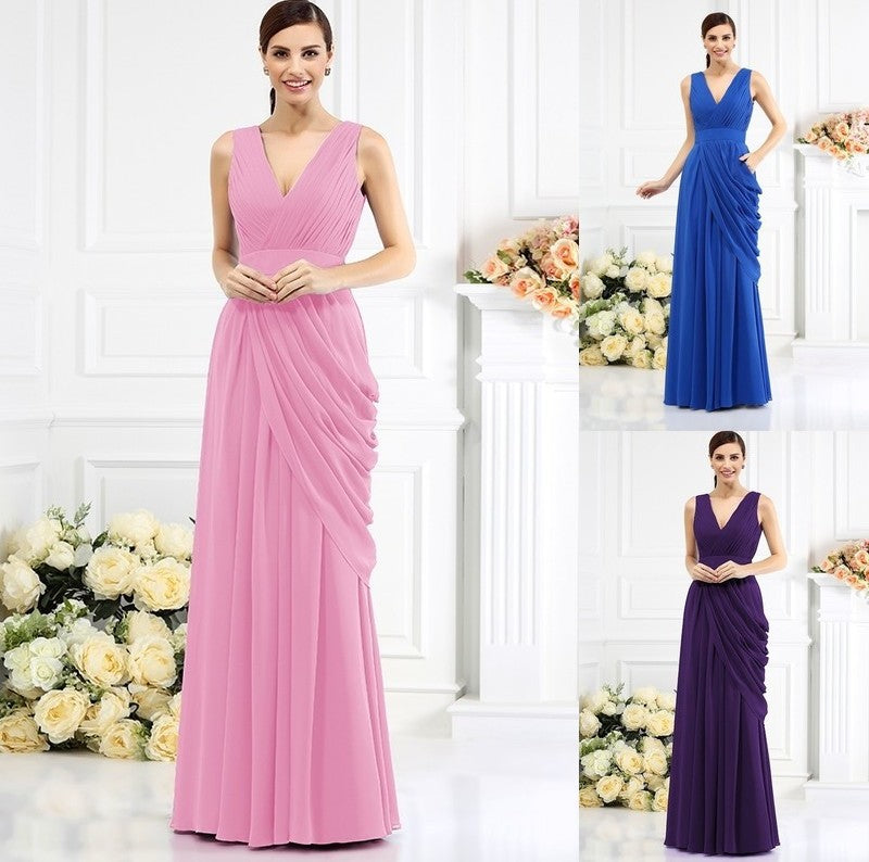 Pleats Sleeveless V-neck A-Line/Princess Long Chiffon Bridesmaid Dresses