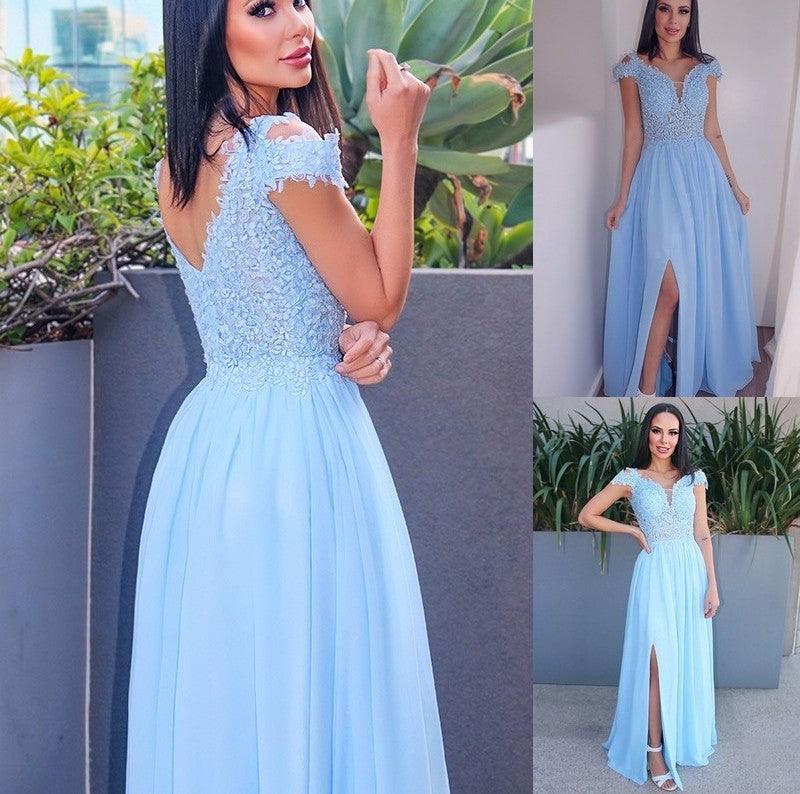 A-Line/Princess Floor-Length Off-the-Shoulder Sleeveless Chiffon Applique Dresses