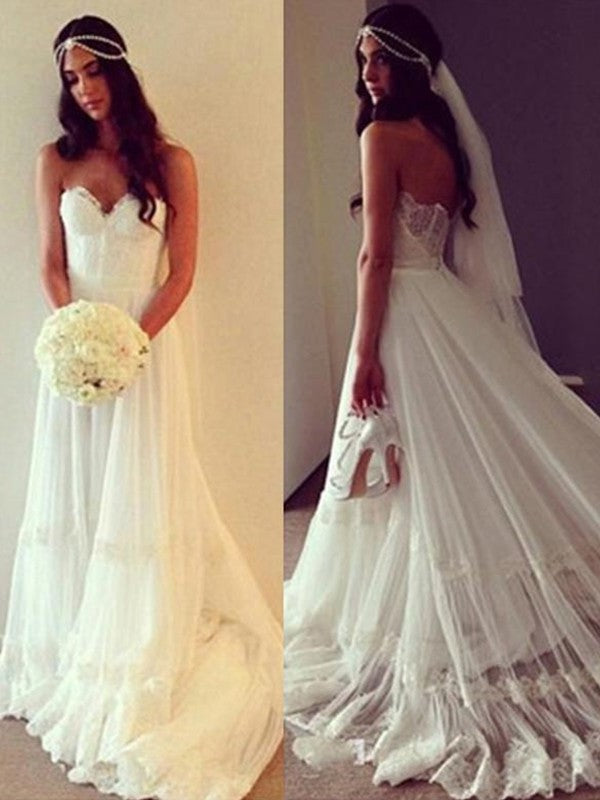 Tulle Court Sweetheart Sleeveless Lace A-Line/Princess Train Wedding Dresses