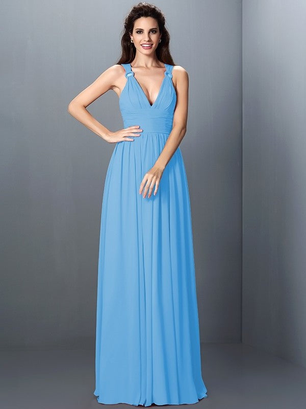 V-neck Pleats Long Sleeveless A-Line/Princess Chiffon Bridesmaid Dresses