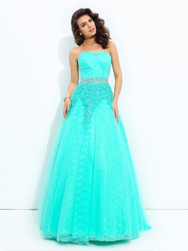 A-line/Princess Strapless Long Sleeveless Elastic Beading Woven Satin Dresses