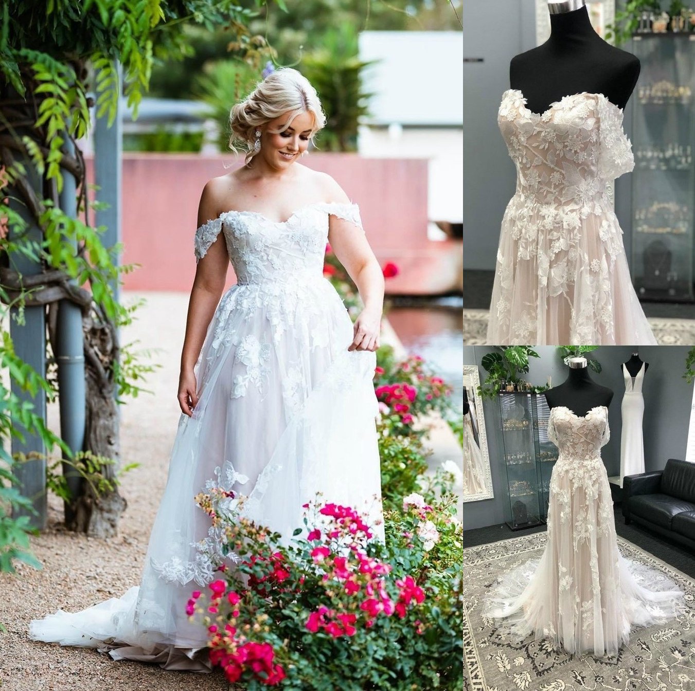 Tulle Sleeveless Sweep/Brush A-Line/Princess Off-the-Shoulder Applique Train Wedding Dresses