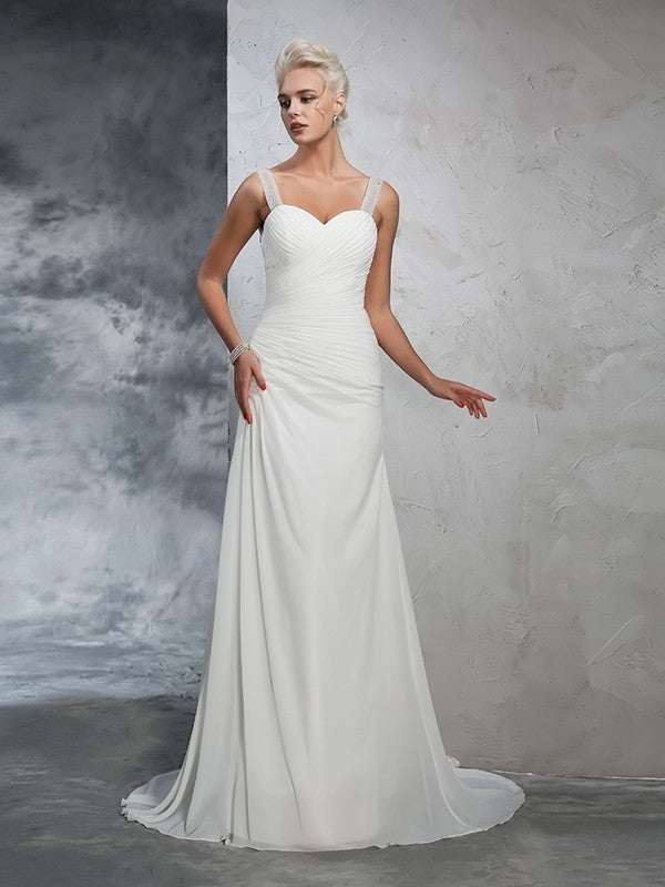 Straps Trumpet/Mermaid Ruched Long Sleeveless Chiffon Wedding Dresses