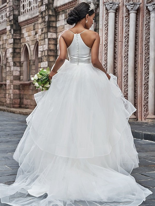 Tulle A-Line/Princess Sleeveless Straps Spaghetti Sweep/Brush Ruffles Train Wedding Dresses