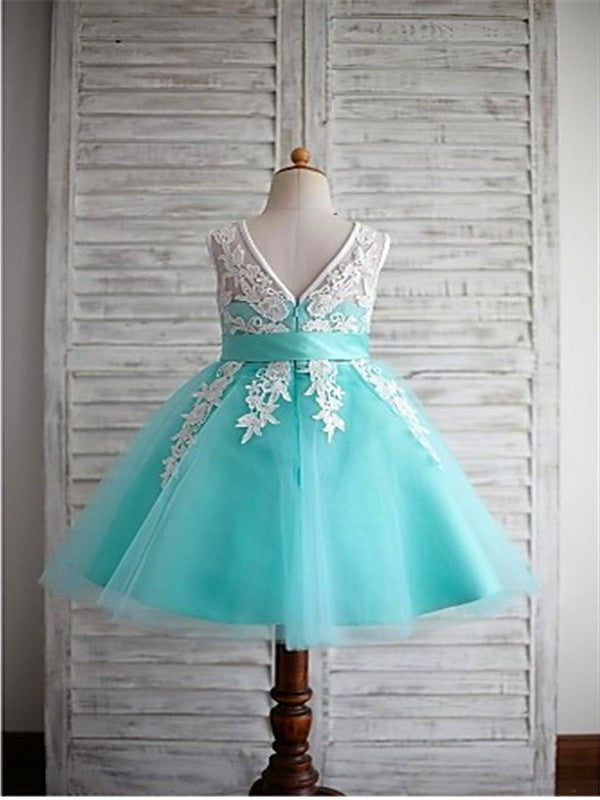 Sleeveless Knee-Length Bowknot Scoop Ball Gown Tulle Flower Girl Dresses