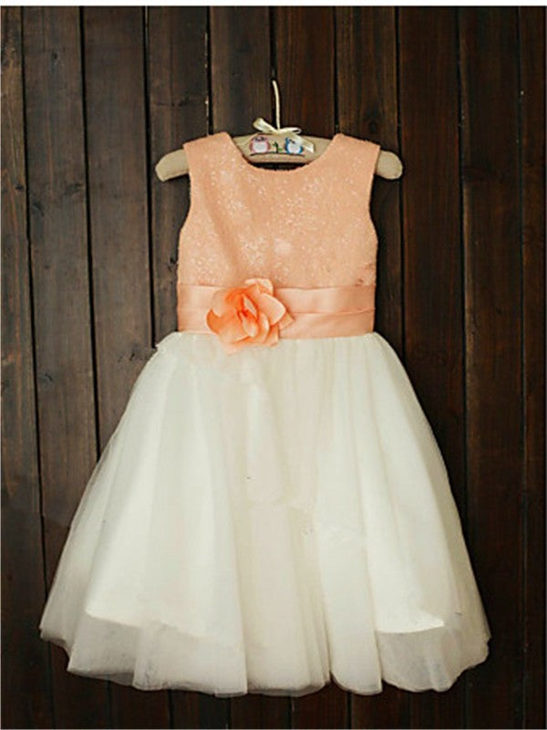 A-line/Princess Scoop Tulle Sleeveless Sequin Tea-Length Flower Girl Dresses