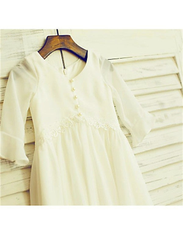 Ruffles Long Scoop Tea-Length A-line/Princess Sleeves Chiffon Flower Girl Dresses